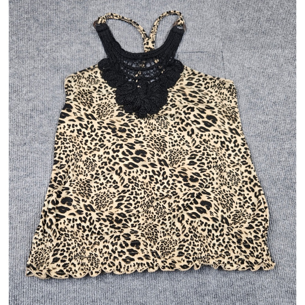 Self Esteem Leopard Print Halter Top Black Crochet Lace Bib Smocked Hem Medium